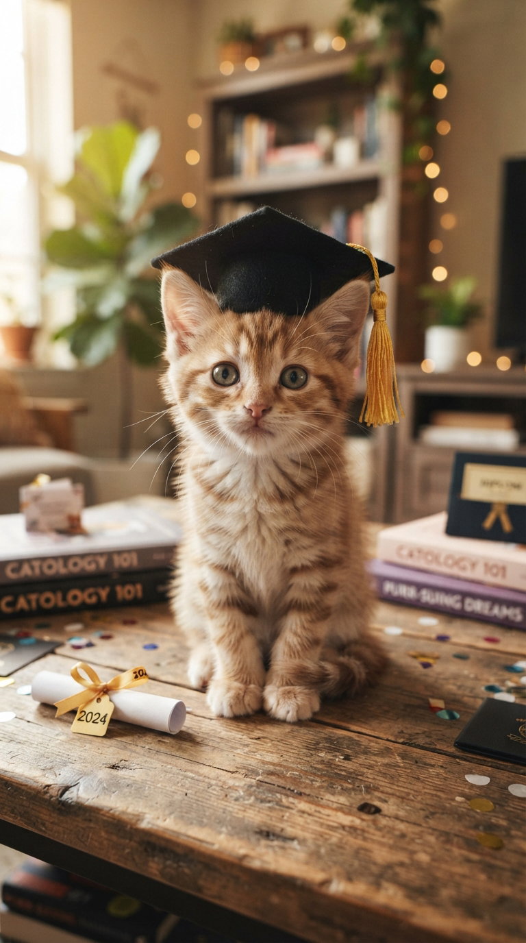 A cute kitten wearing a graduation cap sits on a wooden table decorated with confetti and books related to cat studies, exuding a cheerful and festive atmosphere.
