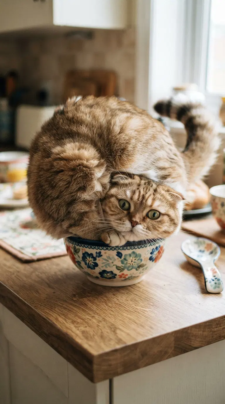 Two Cats Cuddled in a Bowl on a Kitchen Table