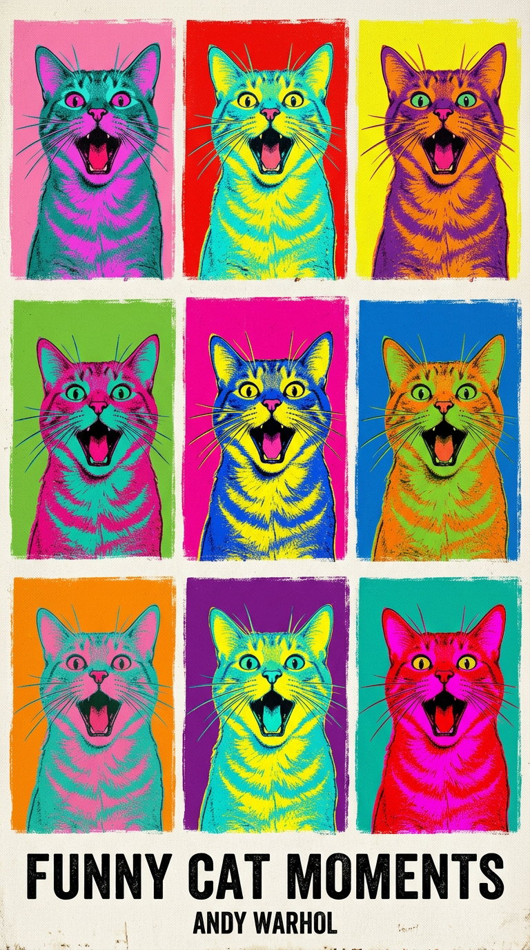 Nine squares filled with vibrant, colorful images of cats with amusing facial expressions, styled in a pop art aesthetic.
