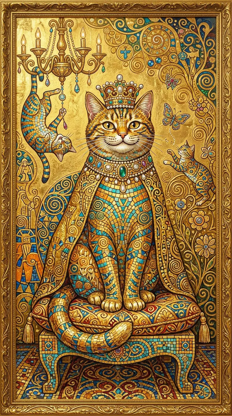 Majestic Golden Mosaic Cat Illustration with Regal Details