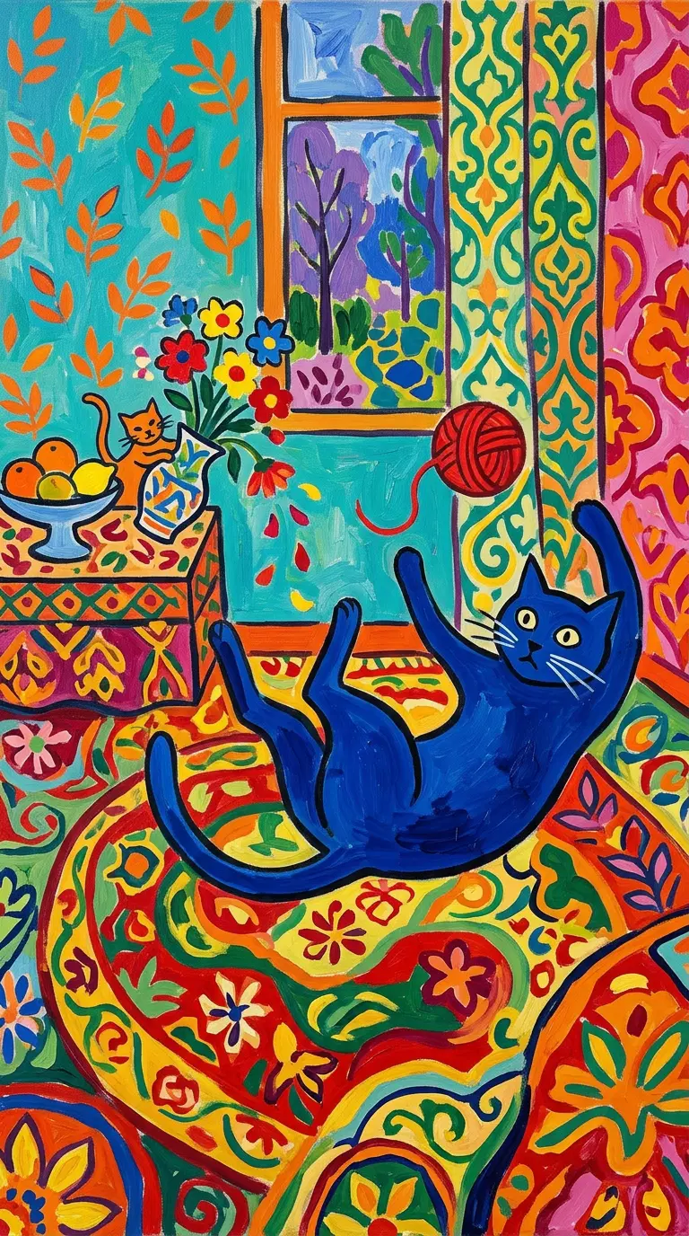 Vibrant Blue Cat Playing with Yarn in a Colorful Room