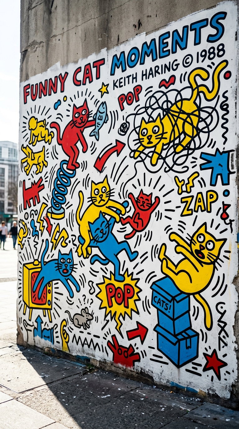A vibrant mural depicting various playful cats in a cartoonish style, with colorful outlines and whimsical expressions.