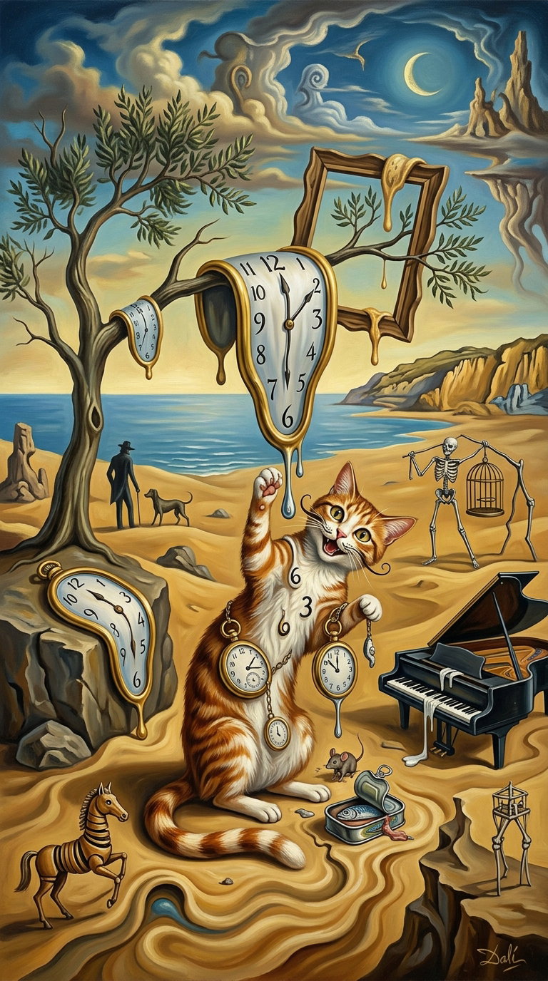 A surreal landscape with a large cat holding melting clocks, a desolate beach, and whimsical elements like a piano and skeletons.