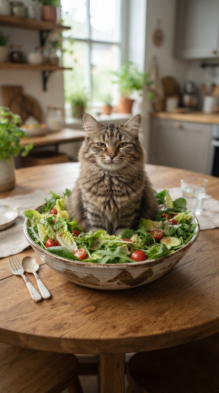 A fluffy cat with a serious expression sitting in a large bowl of salad on a wooden dining table, surrounded by a cozy kitchen setting with green plants and decor.