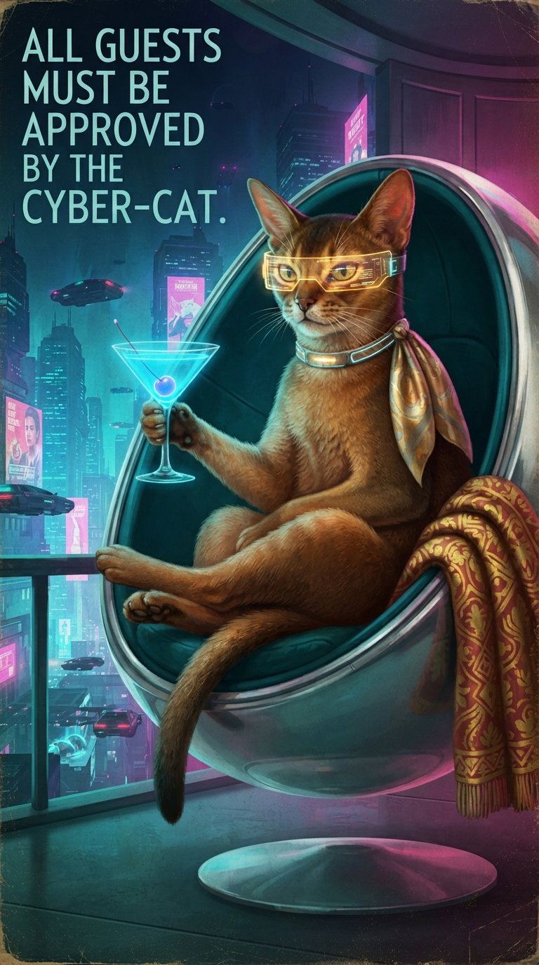 A cat wearing glasses and a silk scarf sits in a modern chair holding a martini, with a neon cityscape in the background and a sign that reads 'All guests must be approved by the cyber-cat.'