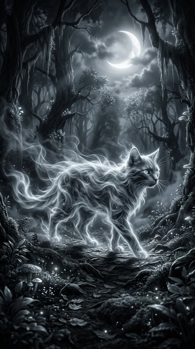 A ghostly white cat with flowing fur walks through a dark forest, illuminated by a glowing moon above, surrounded by softly glowing plants.