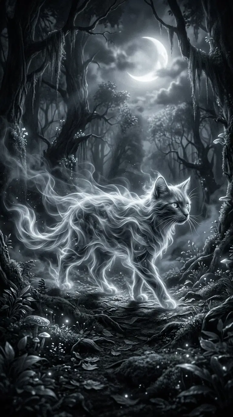 Ethereal Cat in a Mystical Forest Under the Moonlight