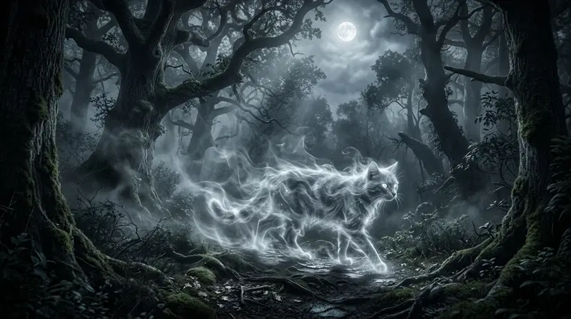 Ethereal Cat Moving Through a Mystical Forest at Night