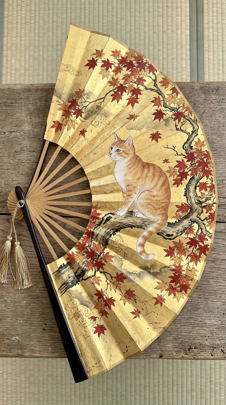 A decorative folding fan featuring a cat sitting on a branch surrounded by red maple leaves.