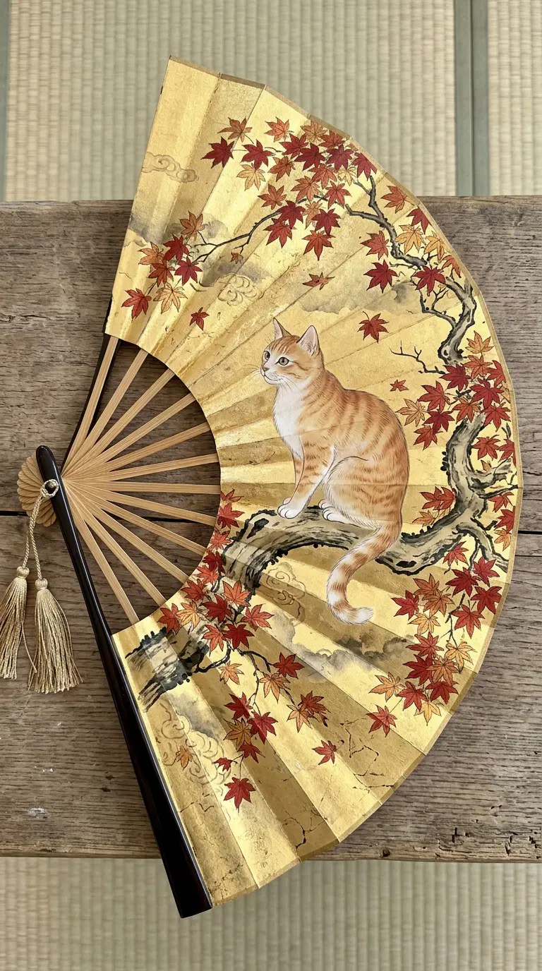 Beautiful Japanese Folding Fan Depicting a Cat and Maple Leaves