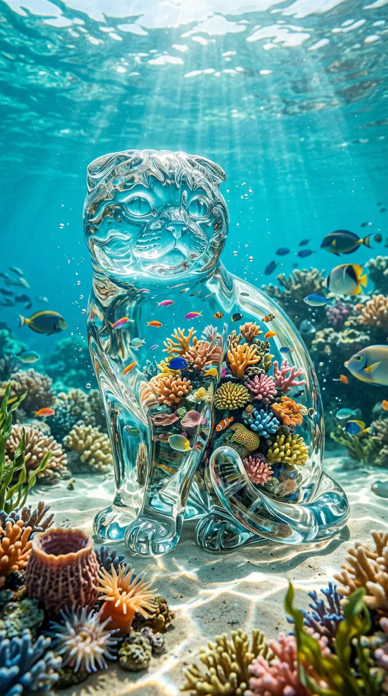 Underwater Glass Cat Surrounded by Colorful Coral