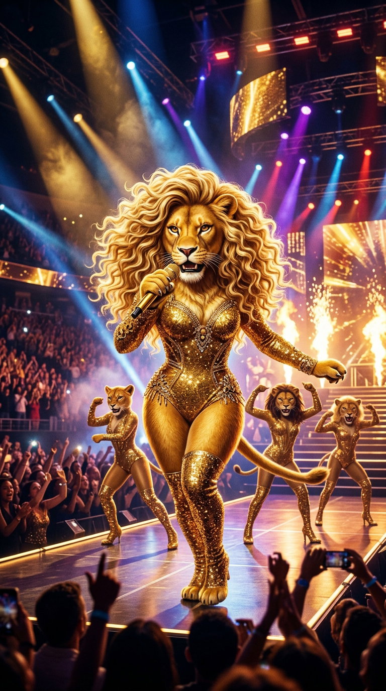 A lion character with curly fur and a microphone on a stage, surrounded by similarly dressed lion figures, performing in front of an energetic crowd under colorful stage lights.