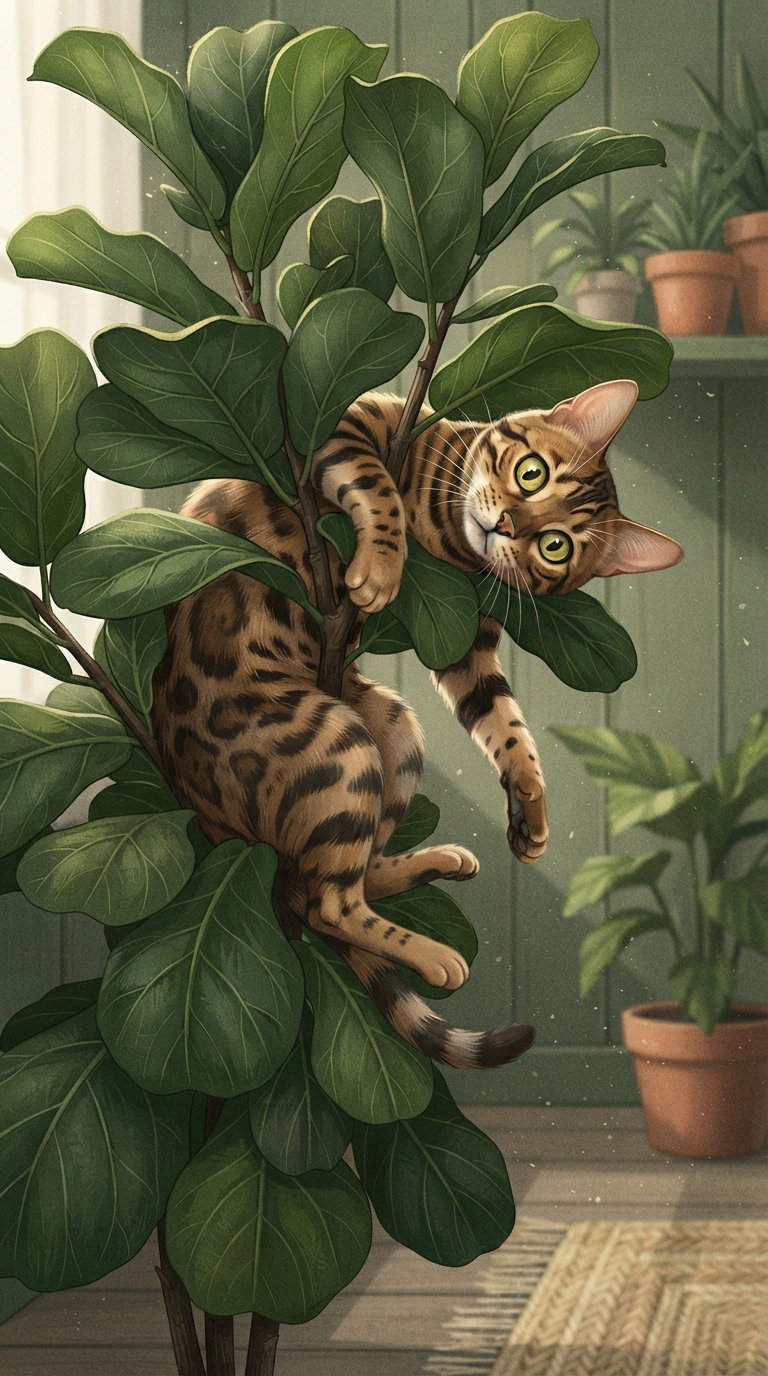 A spotted Bengal cat lounging in the branches of a leafy plant, surrounded by indoor plants.