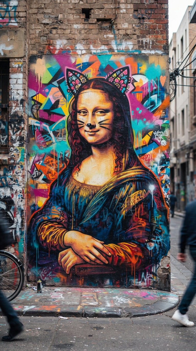 A colorful mural depicting the Mona Lisa with cat ears, surrounded by vibrant graffiti and urban elements.