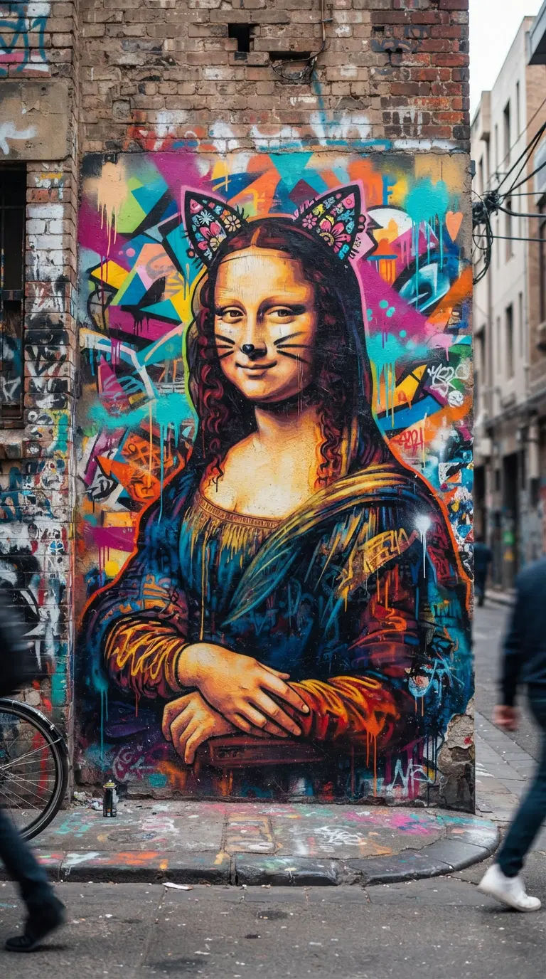 Vibrant Street Art of Cat-Eared Mona Lisa with Colorful Graffiti
