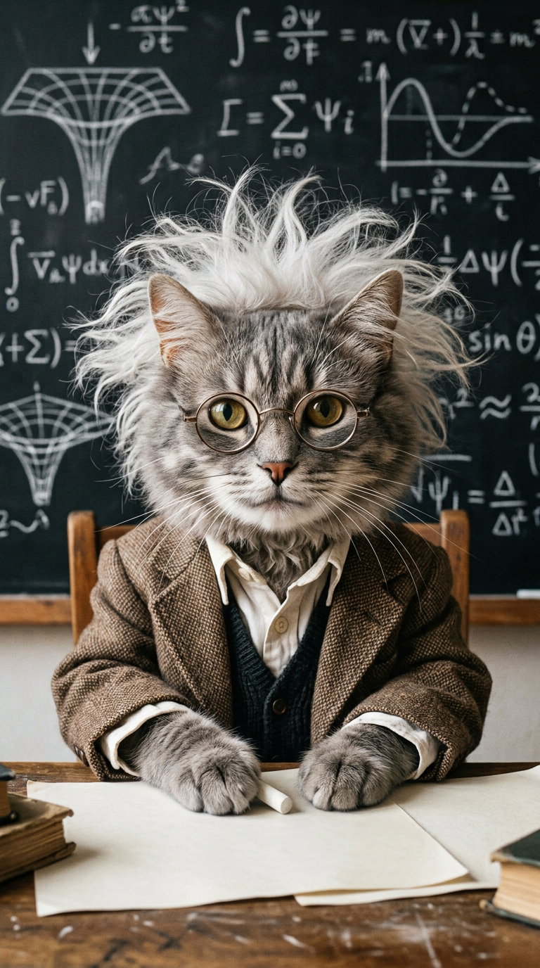 A cat wearing glasses and a professor's outfit, sitting at a desk with papers, against a chalkboard filled with mathematical equations.