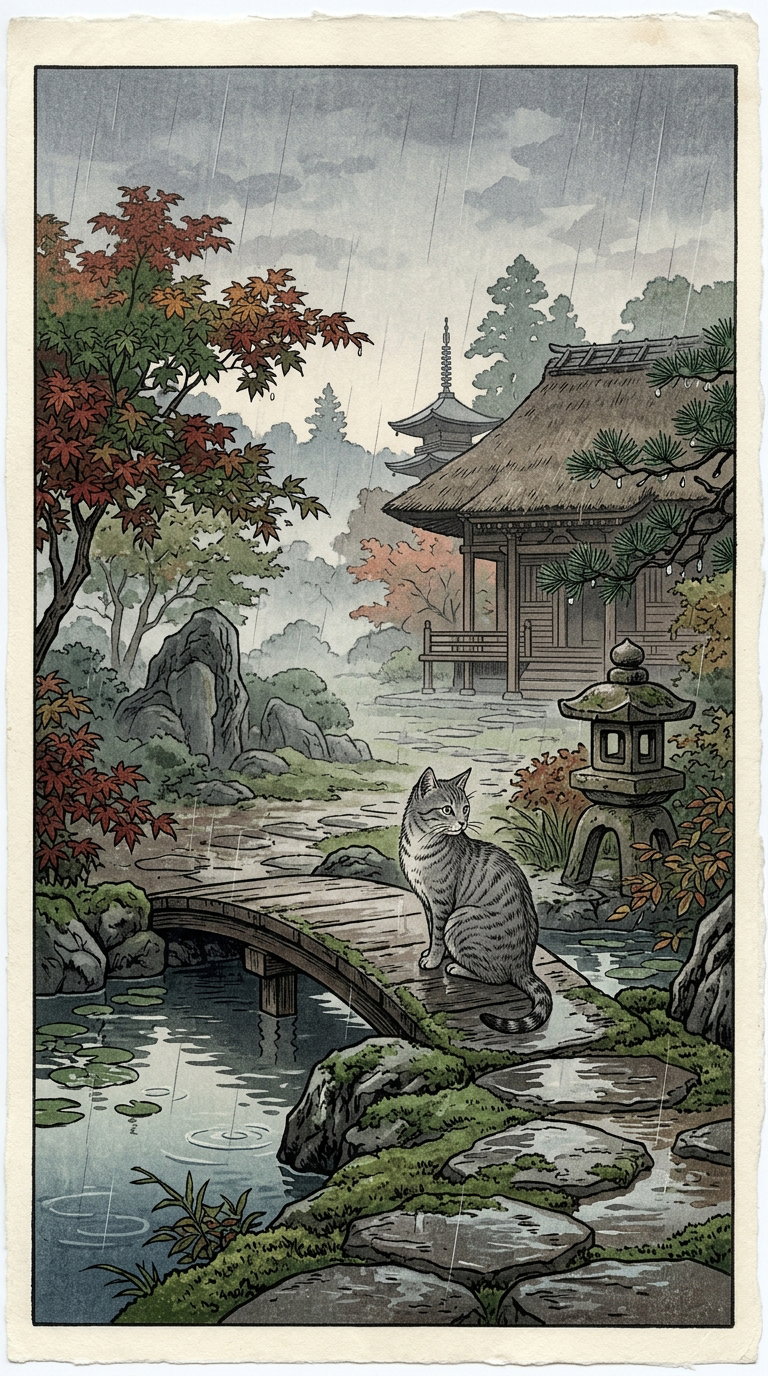 A gray cat sitting by a pond in a Japanese garden with autumn foliage, a traditional house, and a stone lantern in the background, under the rain.