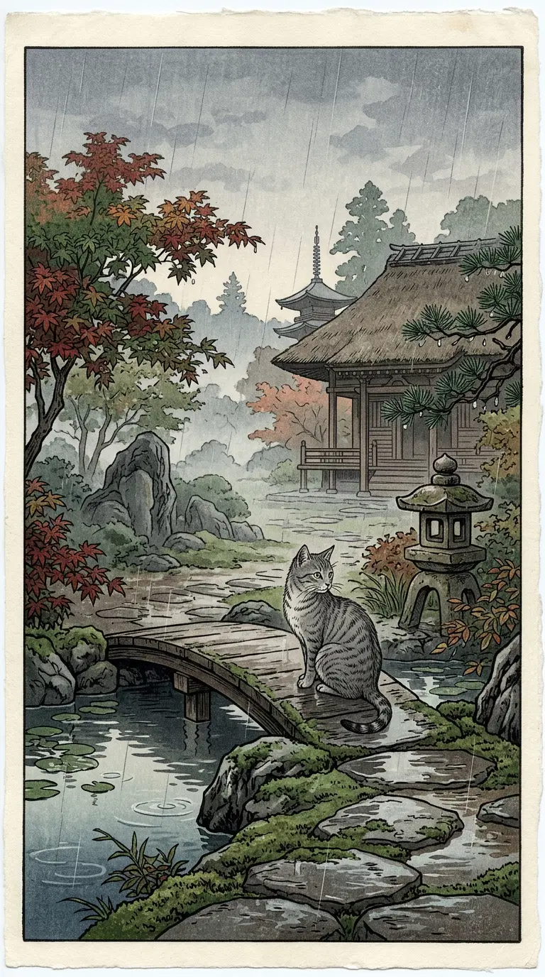 Serene Japanese Landscape Featuring a Cat in the Rain
