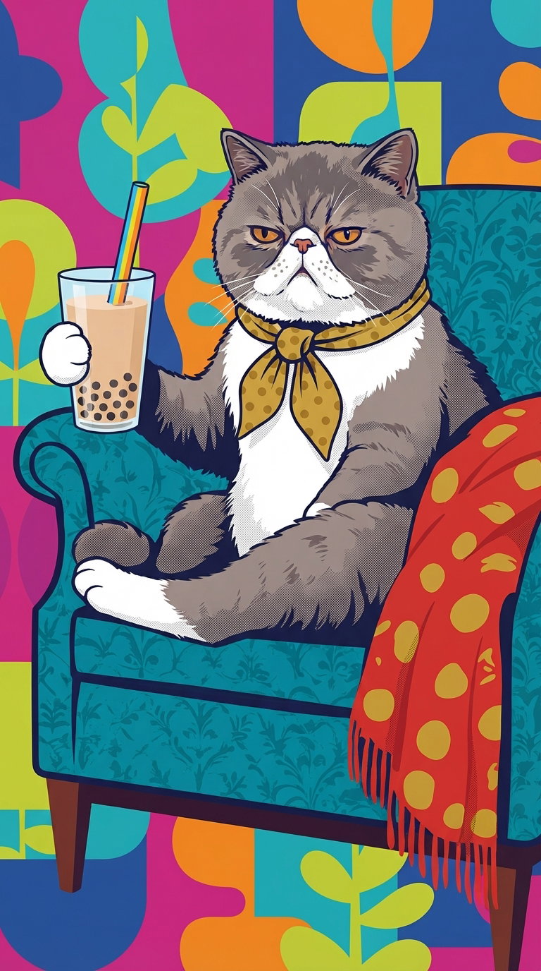 A fluffy gray cat wearing a stylish scarf sitting on a vibrant chair, holding a drink with a colorful background.