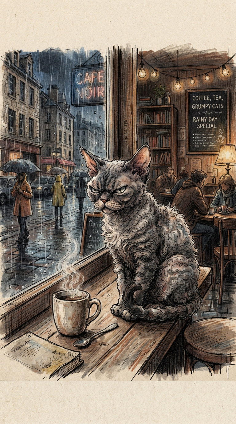 A grumpy-looking cat sitting on a café table by a window with rain outside. A coffee cup is in front of the cat, and people are seen in the background.