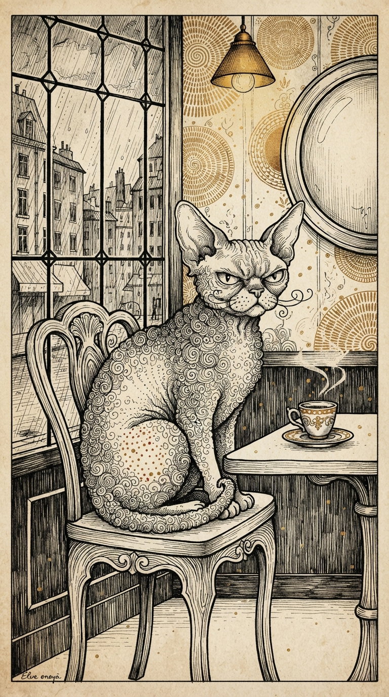 An intricately drawn cat with swirling patterns, sitting at a café table next to a cup of coffee, with a window view showing a cityscape.