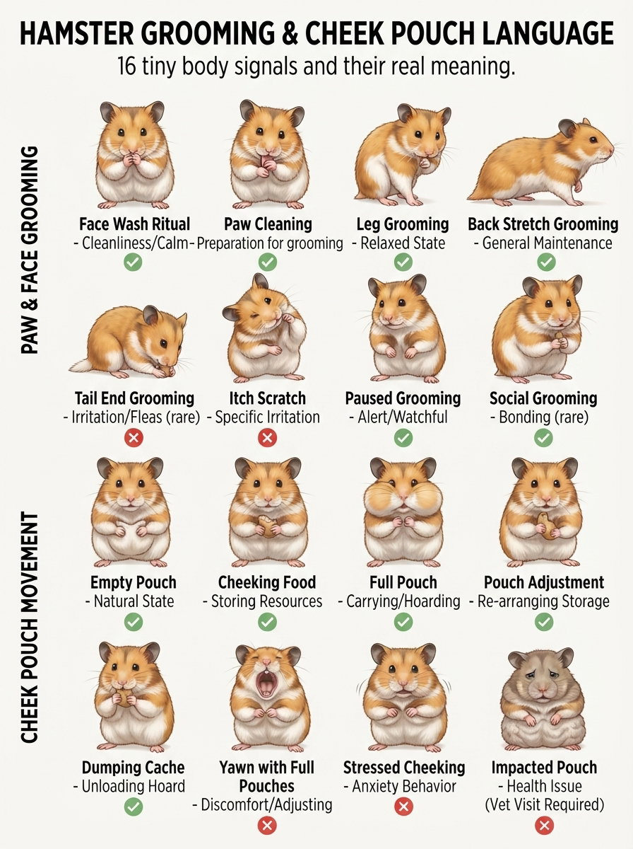 An educational chart displaying various body signals and behaviors of hamsters, including grooming actions and cheek pouch movements with corresponding images and descriptions.