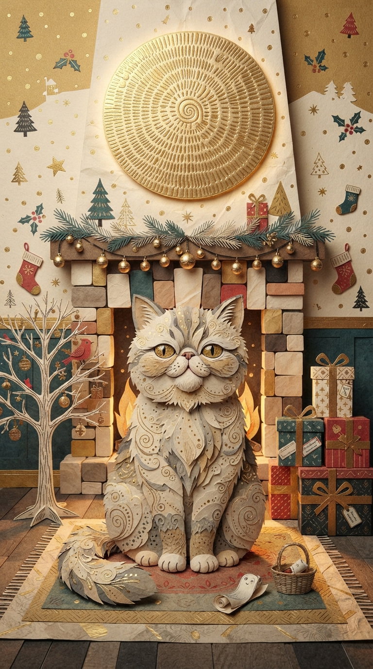 A cozy scene featuring a cat made of intricate paper patterns, sitting by a fireplace with holiday decorations, including stockings and a Christmas tree.