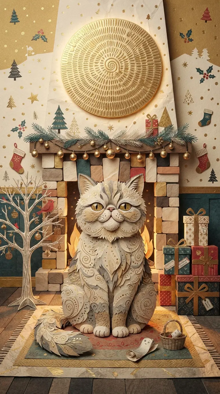 Warm and Festive Cat by the Fireplace with Decor