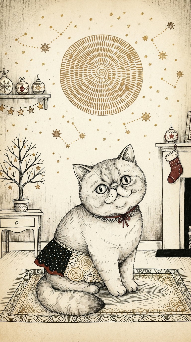 An illustrated cat with a unique design, sitting on a rug in a room decorated with a Christmas tree and stars on the wall.