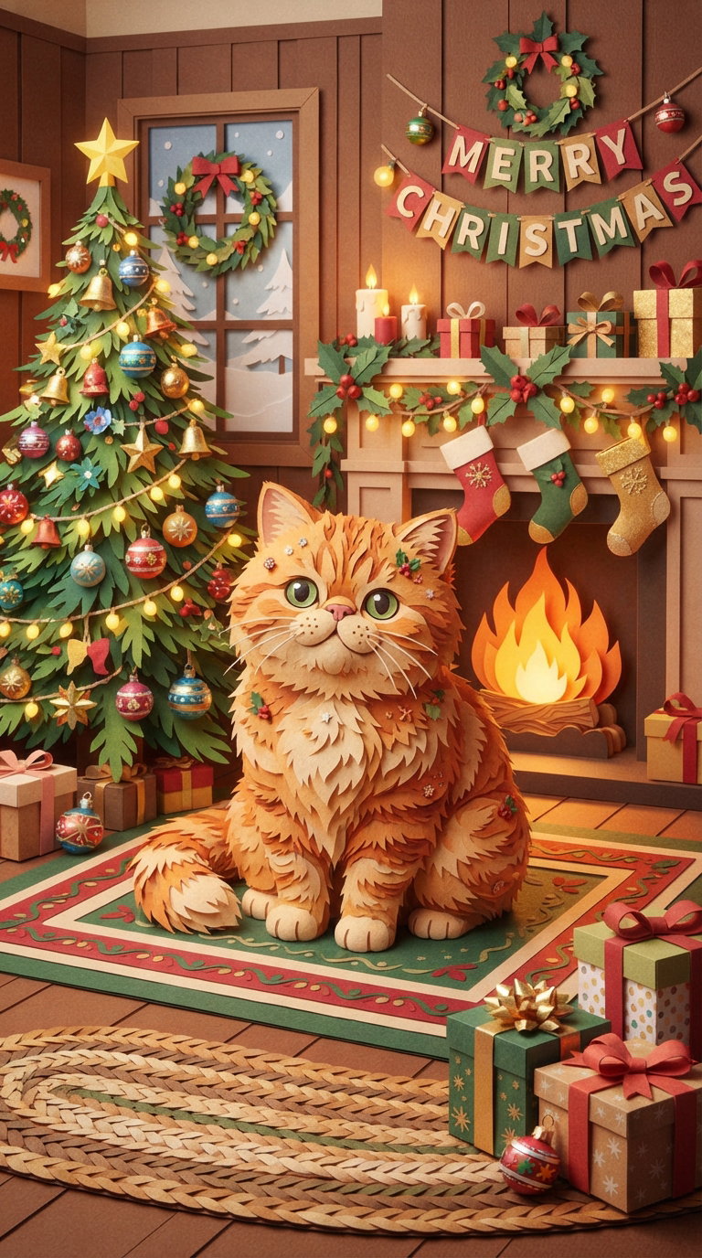 A ginger cat sitting in a warm, decorated room with a Christmas tree, gifts, and a fireplace.