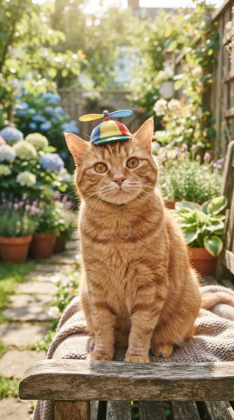 Ginger Cat with a Colorful Propeller Hat in a Sunny Garden