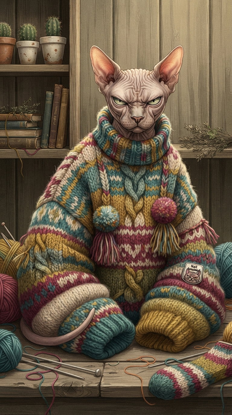 A sphinx cat wearing a colorful, oversized knitted sweater, sitting on a wooden table surrounded by yarn and crafting materials.