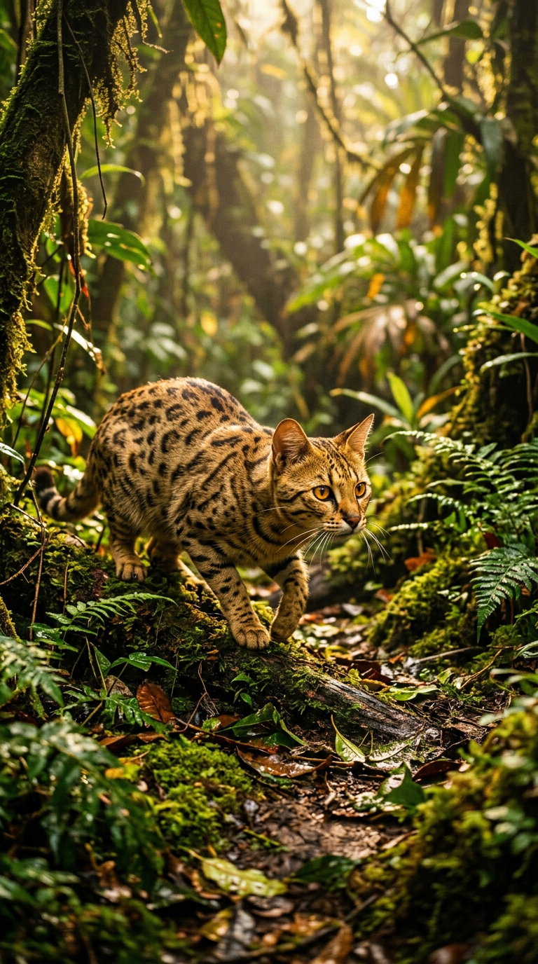 A spotted Bengal cat walking through a dense, green jungle with foliage and tropical plants surrounding it.