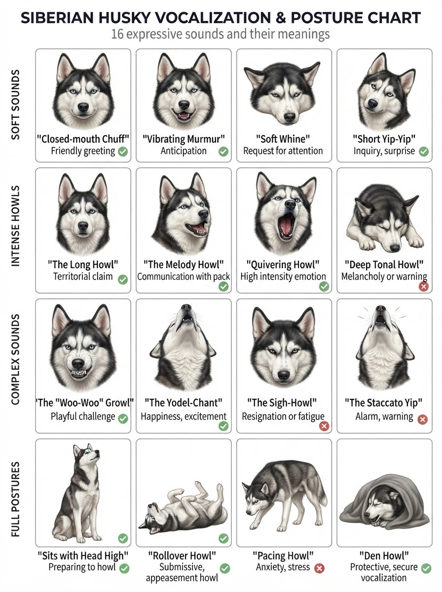 A grid chart detailing different vocalizations and postures of Siberian Huskies, with descriptions of sounds such as soft howls and growls, along with images of Huskies in various poses.