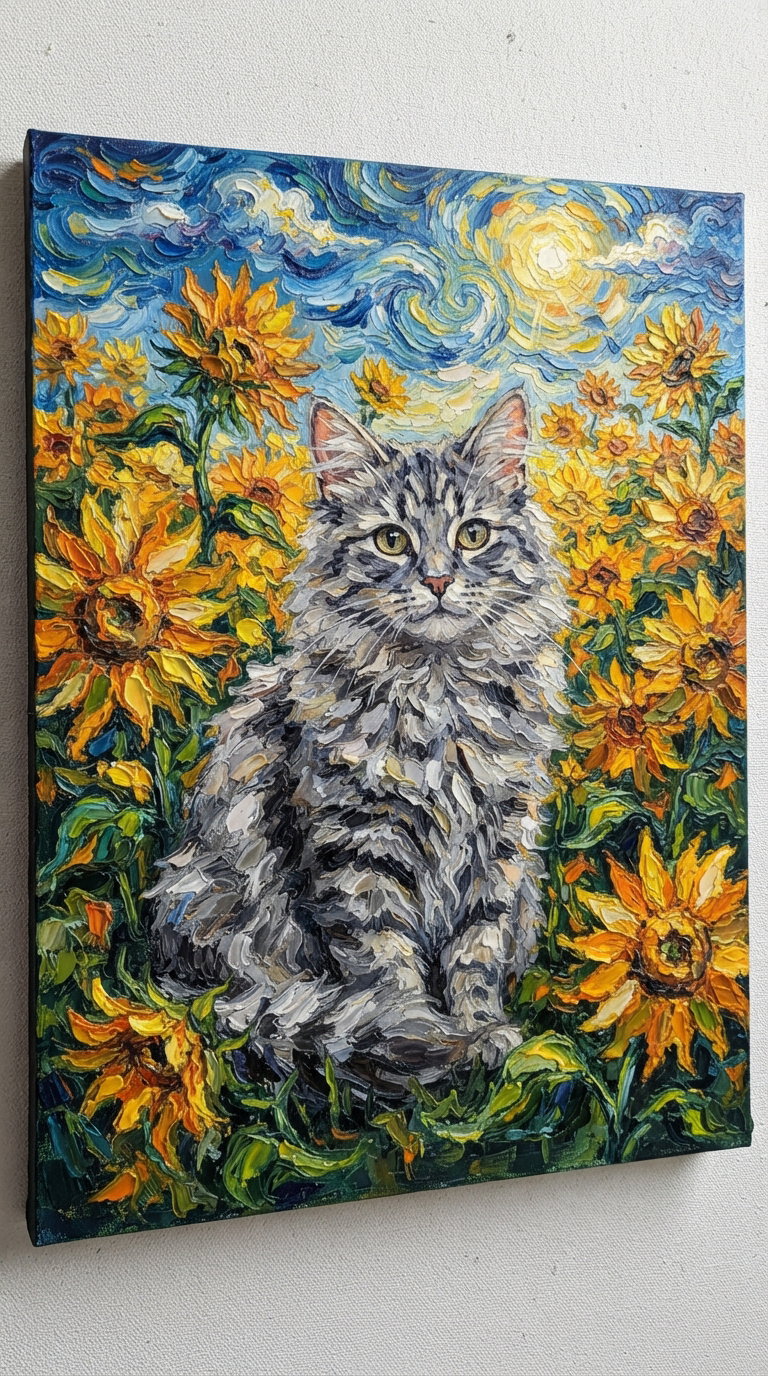 A fluffy gray cat sitting among bright yellow sunflowers under a blue sky.