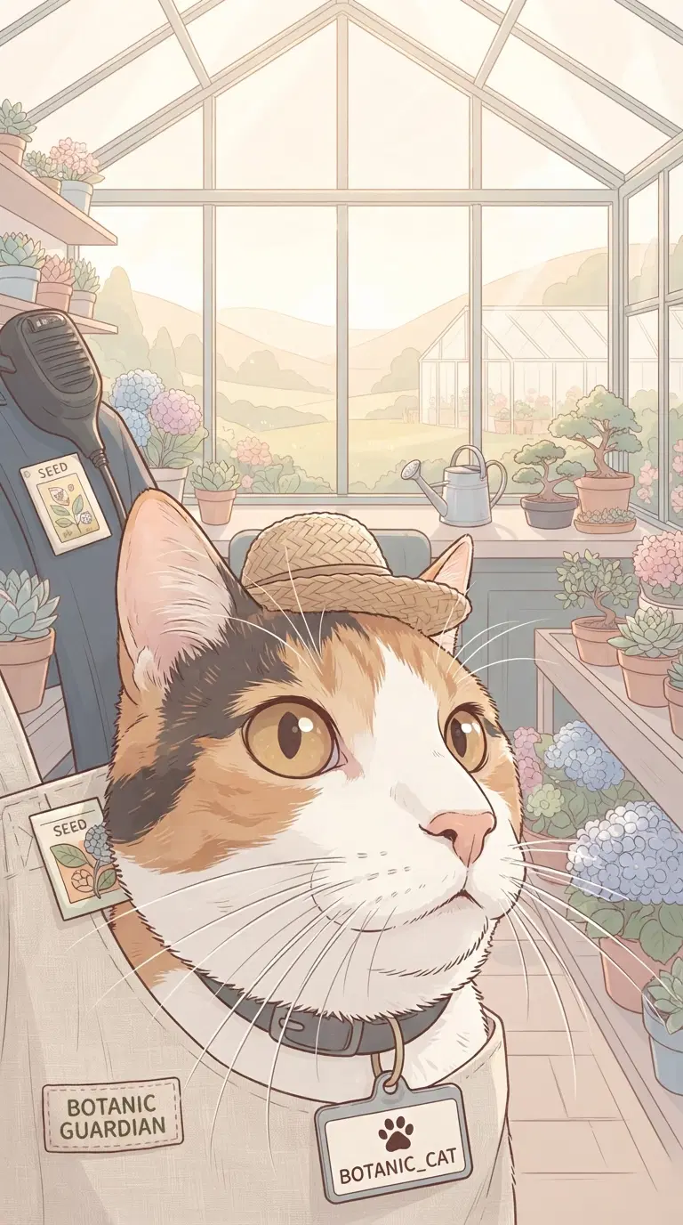 A Whimsical Cat in a Greenhouse Surrounded by Plants