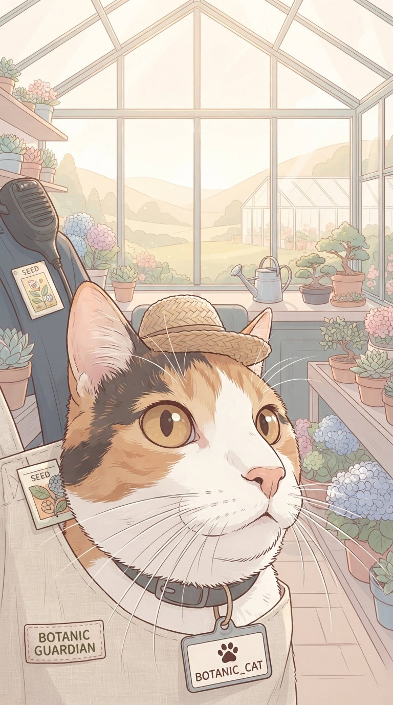 A charming cat wearing a gardening apron and a hat is positioned in a vibrant greenhouse filled with various plants and flowers, depicting an atmosphere of gardening and nature.