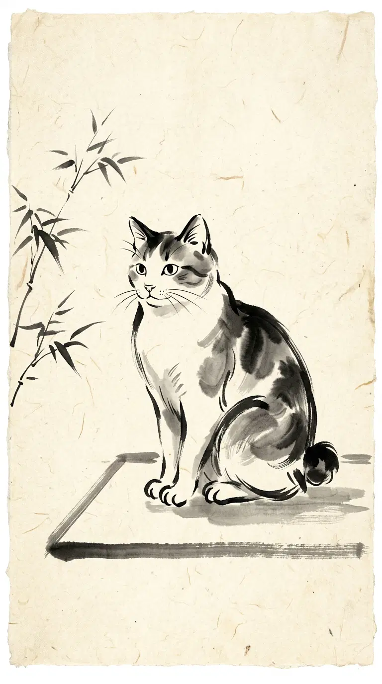 Elegant Japanese-Inspired Cat Illustration on Textured Paper