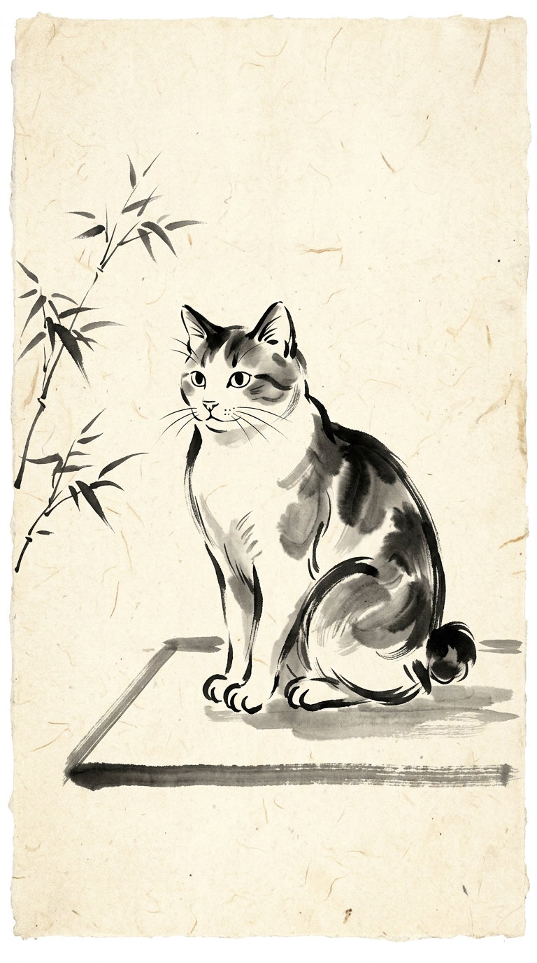 A satirical-style illustration of a sitting cat surrounded by bamboo, rendered in black ink on textured paper, showcasing delicate features and a calm demeanor.