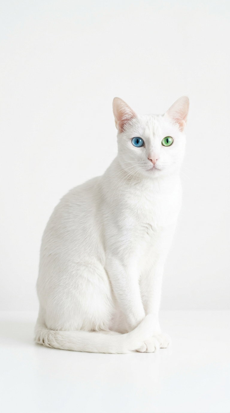 A white cat with one blue eye and one green eye sitting gracefully on a white surface.
