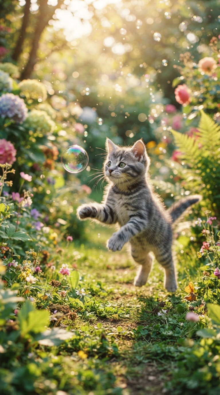 A striped gray kitten leaps joyfully amidst colorful flowers in a vibrant garden, chasing a floating bubble.