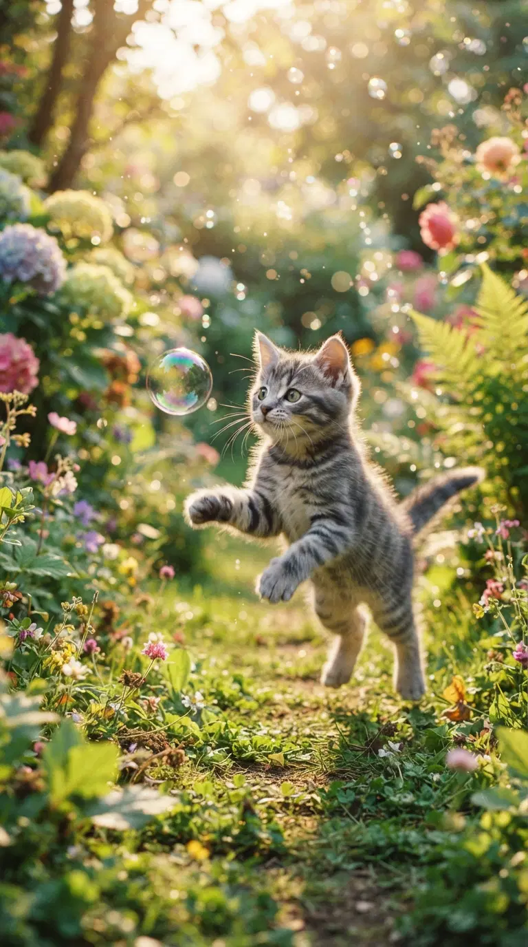 A playful kitten chasing bubbles in a flower-filled garden