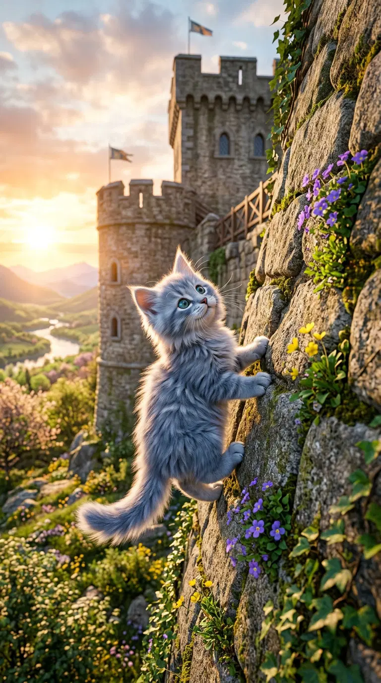Fluffy Kitten Climbing a Stone Wall in a Castle Landscape