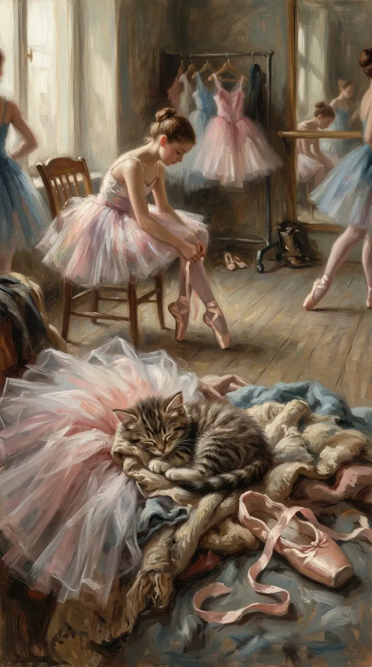 Ballet Studio with Sleeping Cat and Ballerinas