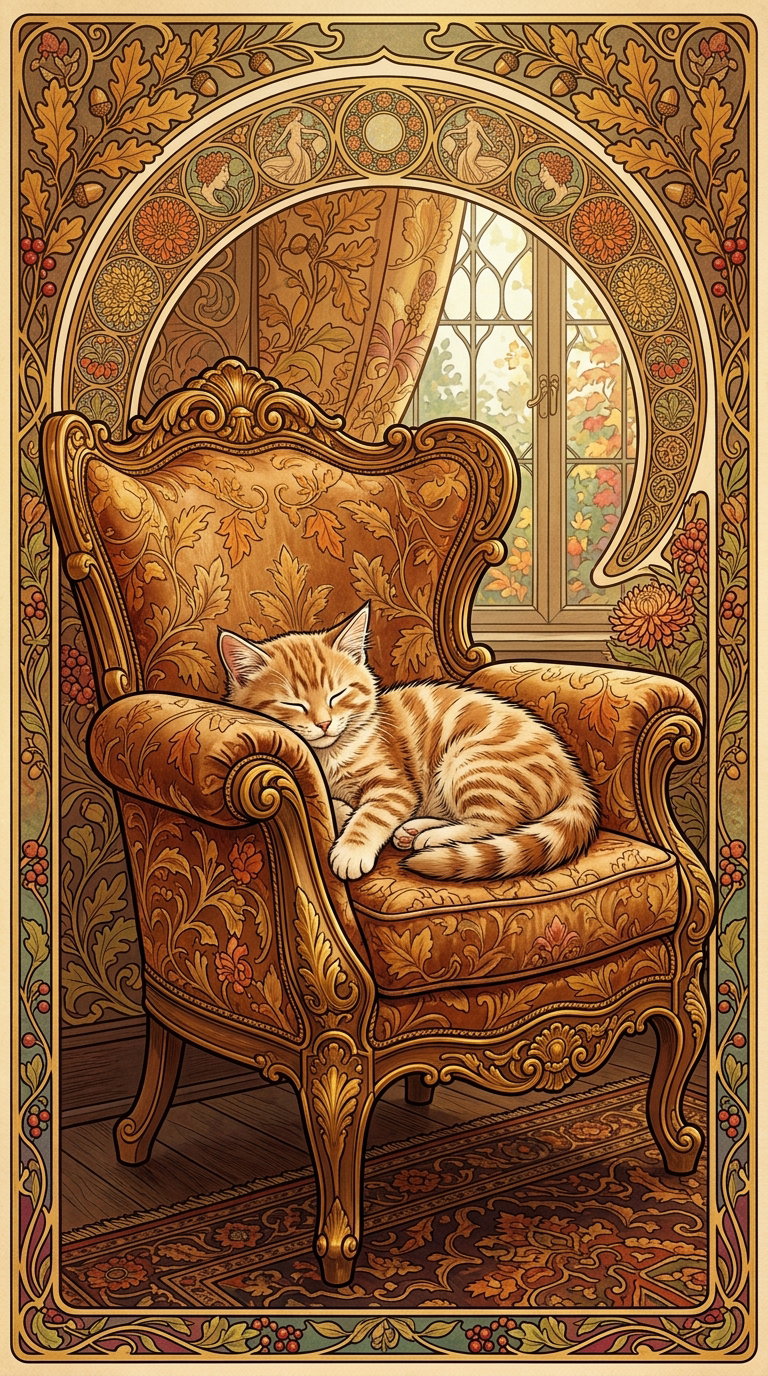 A sleeping orange tabby cat curled up on an ornate armchair in a beautifully decorated room with floral patterns and a scenic window view.