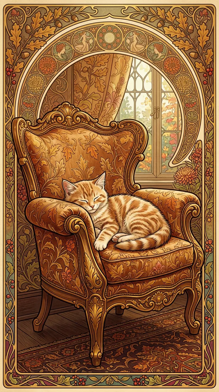 Ornate Vintage Illustration of a Sleeping Cat on an Armchair