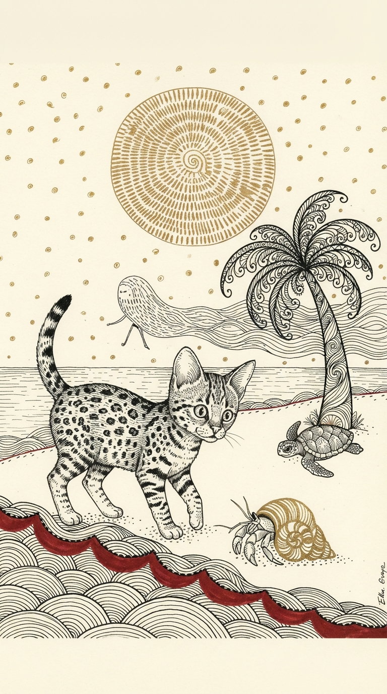 A stylized illustration of a cat walking on a beach with a palm tree and a large sun in the background. The scene includes whimsical elements like a bird and a shell.