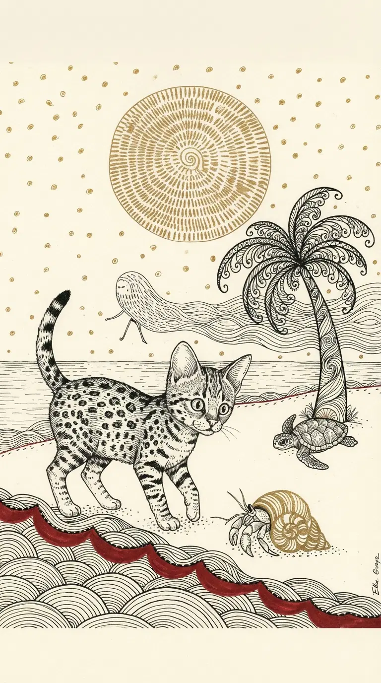 Surreal feline exploring a whimsical beach landscape