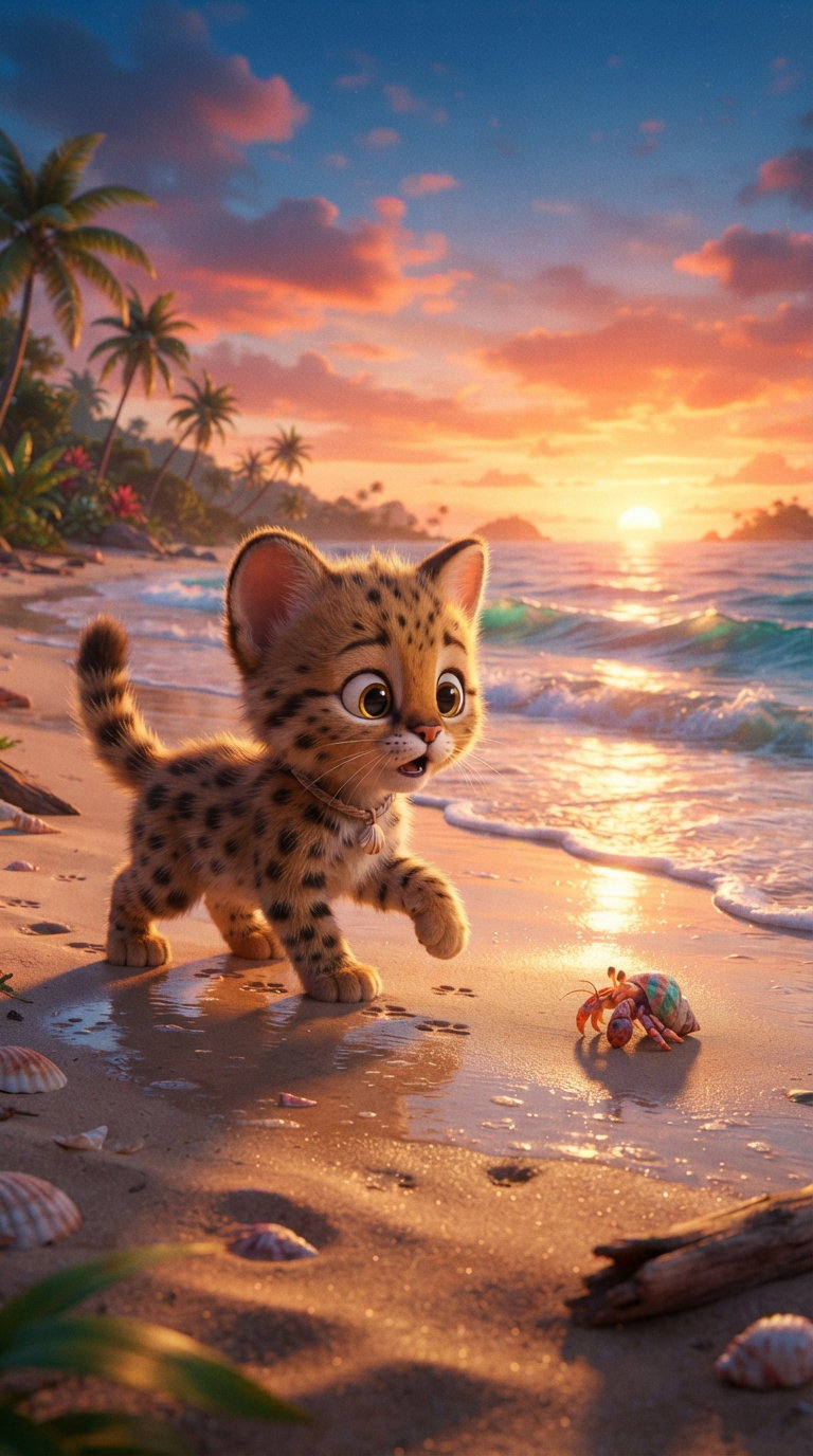 A small, spotted kitten running on a beach by the water, with a colorful crab in front of it and a vibrant sunset in the background, surrounded by palm trees.