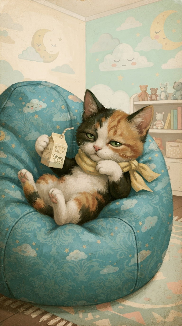 A relaxed calico kitten lounging on a plush, blue bean bag in a softly decorated room with clouds and stars.